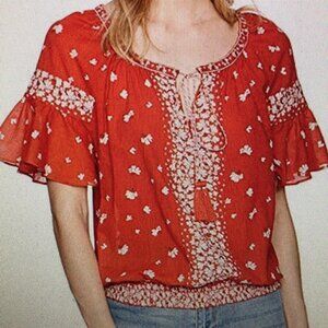 🛒 $8 - Red Short Ruffle Sleeve Front Tie Boho Top Size Small NWOT